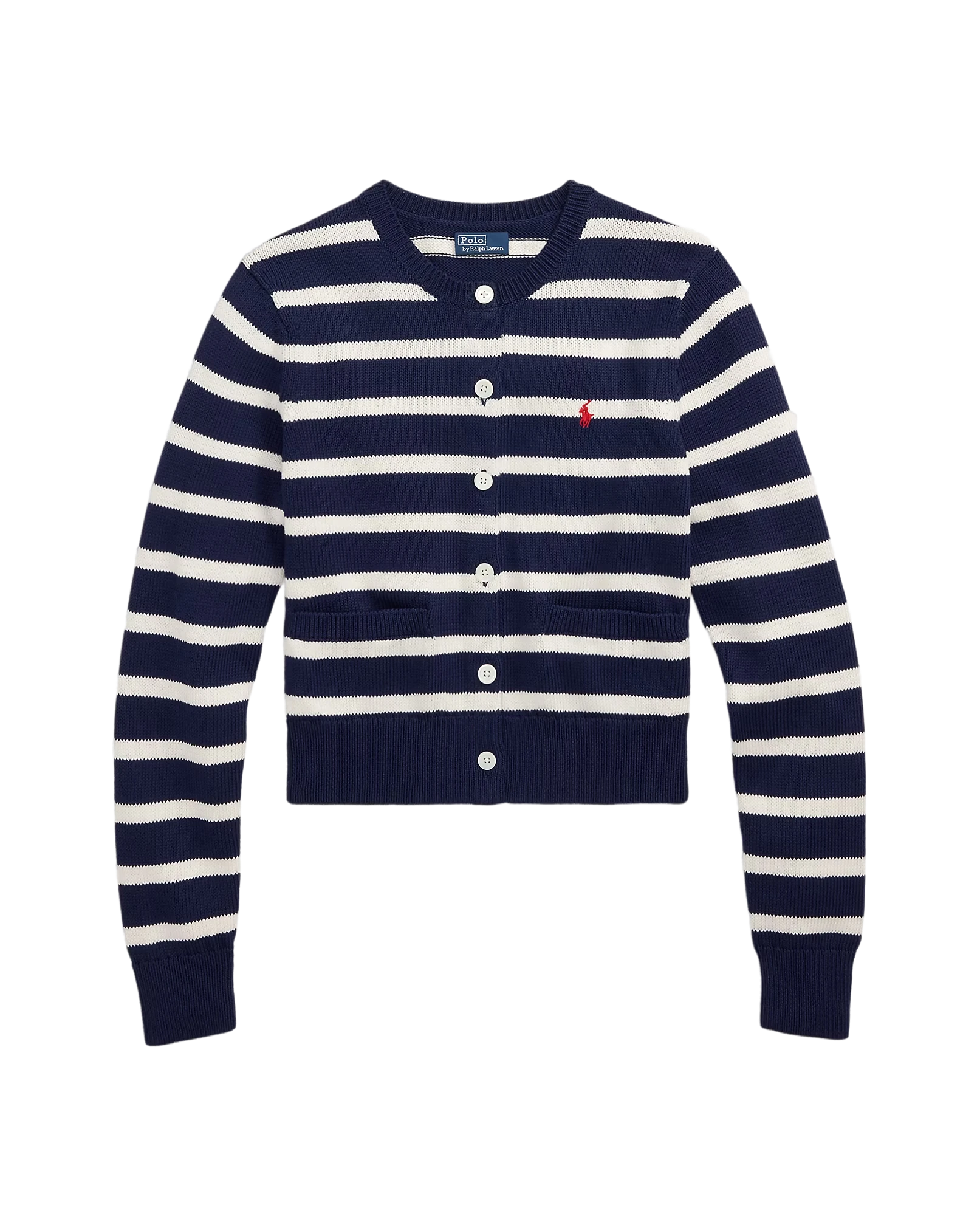 Casaco de malha, gola redonda às riscas